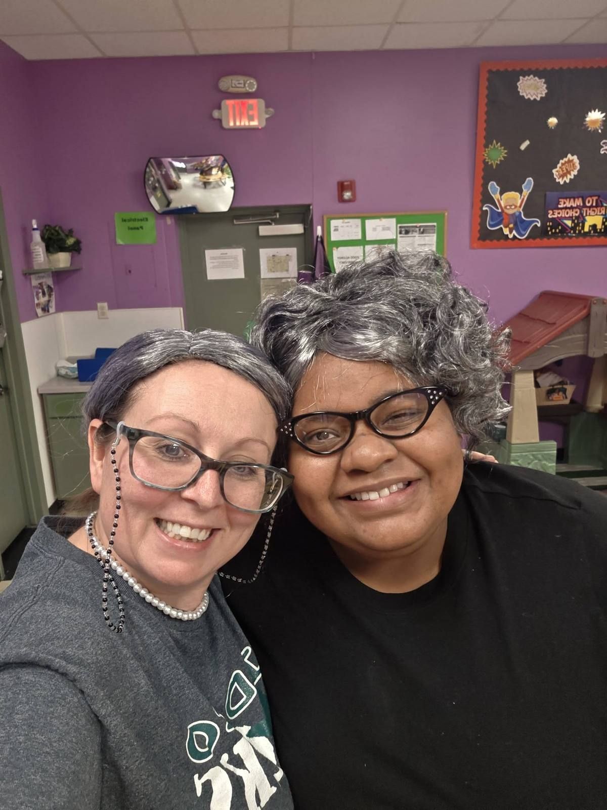 Two teachers dressed up as grandmas for dress up day