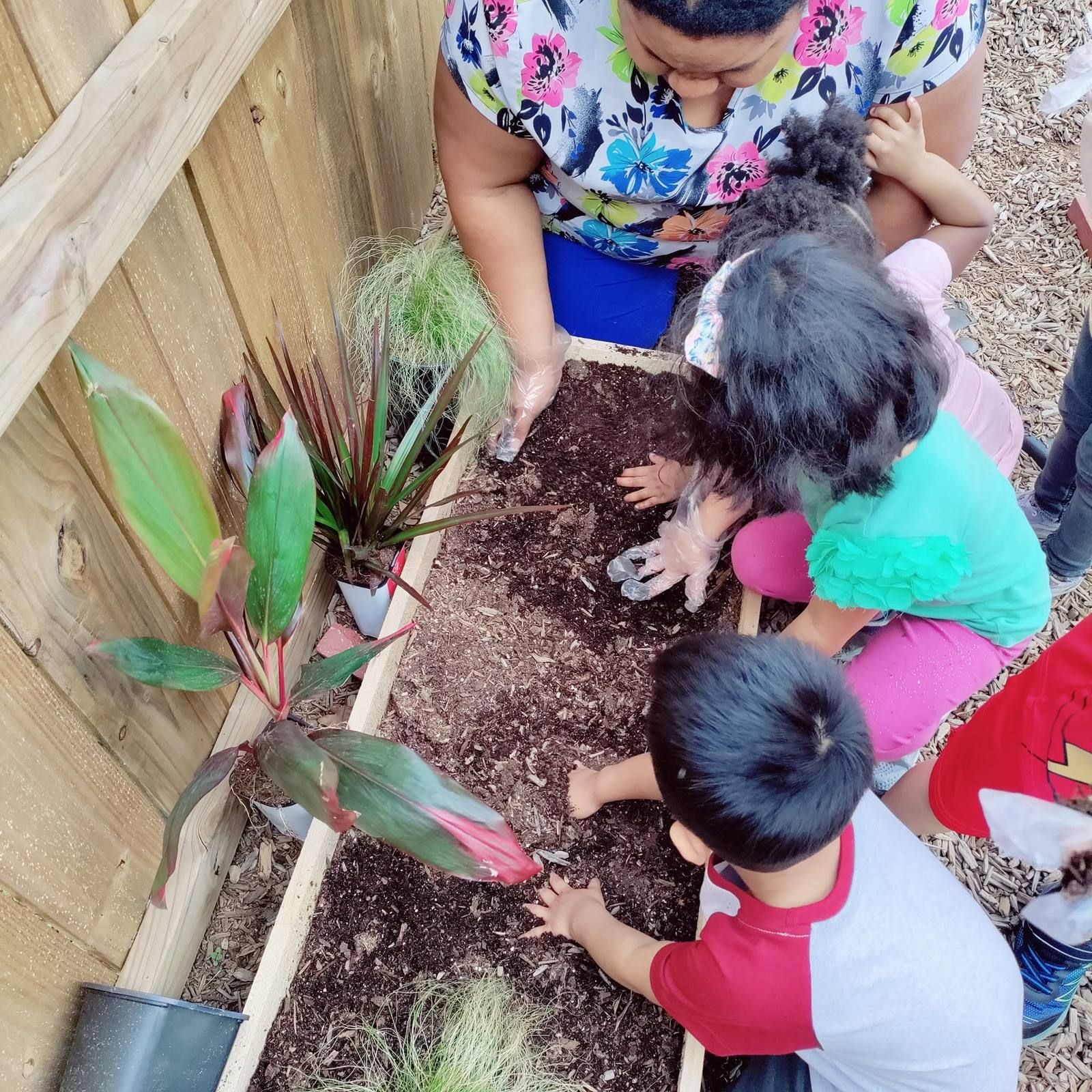 Kids digging in the garden bed with a teacher
